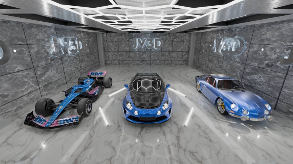 Garage Alpine JV3D : F1, A110 moderne et classique Trois voitures Alpine, F1 et A110, dans un garage futuriste en marbre avec le logo JV3D illuminé.