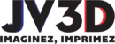Logo JV3D noir avec ombres 3D bleues et rouges et le slogan Imaginez, Imprimez sur fond blanc.